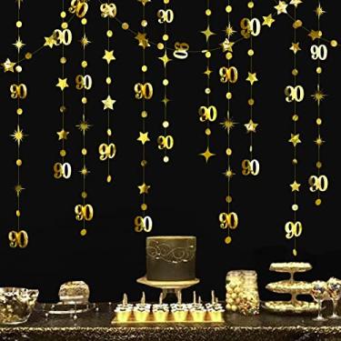 Imagem de Decorações de aniversário de 90 anos, ouro, número 90, círculo, bolinhas, estrelas, guirlanda, metálica, suspenso, bandeira, pano de fundo para mulheres e homens de 90 anos de idade, aniversário noturno, artigos de festa