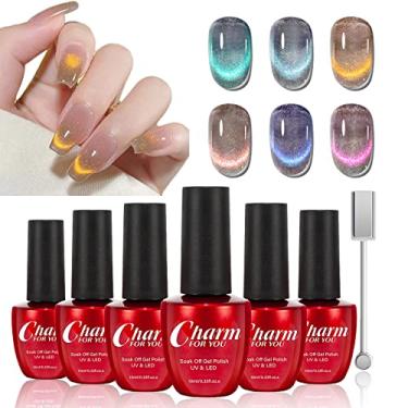 Imagem de CHARMFORYOU Esmalte de unhas em gel com glitter, 9D Cat Eye Esmalte magnético de 6 cores, kit de esmalte de gel de olho de gato com ímã para arte de unhas faça você mesmo