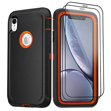 Imagem de BypaBox Capa para iPhone XR com 2 protetores de tela de vidro temperado, capa de proteção total, capa de telefone resistente para Apple iPhone XR de 6,1 polegadas de grau militar (preto + laranja)