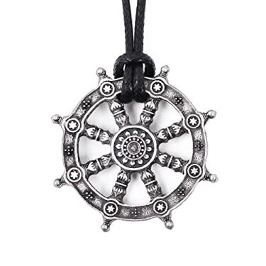 Imagem de HAQUIL Colar de roda da vida do Dharma budista Dharmachakra, cordão de couro falso, presente de joalheria budista