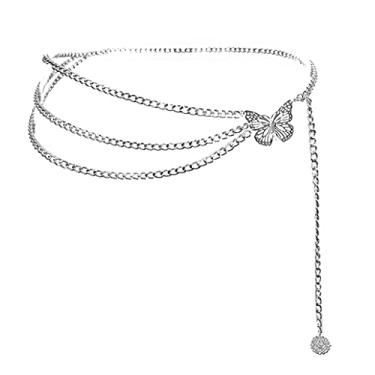 Imagem de Eyraevor Cinto feminino com franja longa multicamadas para o corpo corrente de barriga de metal dourado e prata para vestido feminino, 49 inch, Liga metálica, Sem pedra