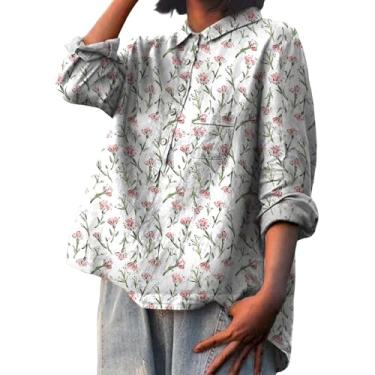 Imagem de Camiseta feminina de linho, estampa de flores, gola de lapela, manga comprida, blusas soltas, roupas casuais elegantes, Branco, P