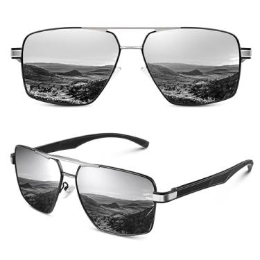 Imagem de WEAROYO Óculos de sol polarizados, masculinos, femininos, armação de liga Al-Mg, dobradiças de mola, estilo piloto, militar, proteção UV400 para dirigir, Armação quadrada preta/lente prateada