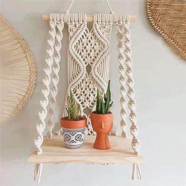 Imagem de GAMERIEND Prateleira Decorativa de Macramê para Decoração de Plantas, 1 Prateleira de Madeira, Boho, para Ambientes Internos e Externos