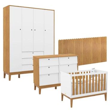 Imagem de Quarto de Bebê Unique 4 Portas com Cômoda 6 Gavetas e Painel Farm Branco Soft Freijó Eco Wood - Matic