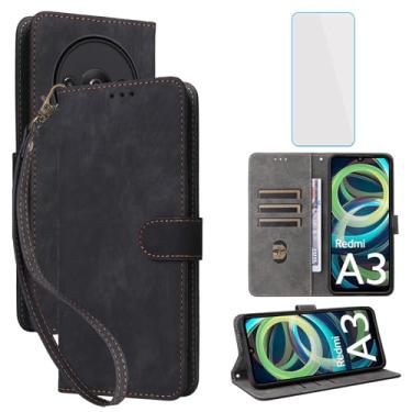 Imagem de IUQXU Capa carteira para celular Xiaomi Redmi A3 / Poco C61 com protetor de tela [bloqueio RFID] Suporte de cartão flip de couro com alça de pulso masculina e feminina para PocoC61 Redmi A3 LTE preta
