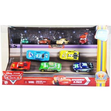 Imagem de Disney Pixar Série de filmes "Carros" Exclusivo Piston Cup Nights Racing Series Speedway Conjunto com 9 unidades com Dash Boardman, Houser Boon, Tim Rimmer, Timothy Twostroke, Relâmpago McQueen, The King, Chick Hicks, Brilho lateral Nº 74 e Clutch Aid Nº 121