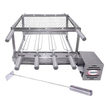 Imagem de Brasa Grill Tradicional Gira 4 Espetos + Grelha Moeda Inox + Espalhado