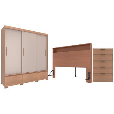 Imagem de Guarda-Roupa Bartira Monza com 3 Portas de Correr e 3 Gavetas + Cômoda Versatti com 5 Gavetas + Cabeceira para Cama Box Casal Versatti com Tomada