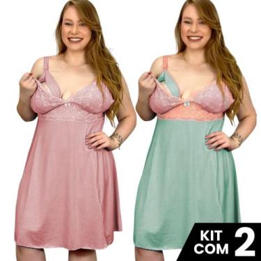 Imagem de Kit 2 Camisolas  Plus Size  Amamentação Renda Pós Parto Lisa Maternida