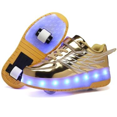 Imagem de HOVERKICKES Tênis de skate LED para crianças, meninos, meninas, com rodas destacáveis, recarregáveis, piscantes, Dourado, 18