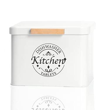 Imagem de Recipiente de vagem de lava-louças com tampa articulada. Suporte de cápsulas de metal para lava-louças para organizador de armário de cozinha. Decoração e acessórios de cozinha modernos. Armazenamento de comprimidos de detergente para lava-louças (creme)