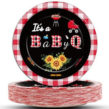 Imagem de ZOIIWA 48 peças de pratos de chá de bebê churrasco suprimentos de festa It's A Baby Q Cake rústico churrasco pratos de papel descartáveis para meninos ou meninas revelação de gênero infantil chá de