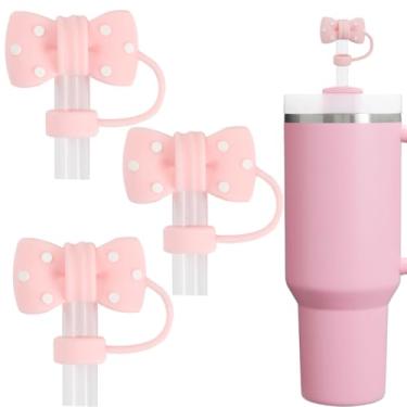 Imagem de Amreich Topos de palha rosa - 3 peças de capas de canudo de laço fofas compatíveis com Stanley Cup acessórios reutilizáveis de copo de silicone para mulheres e meninas