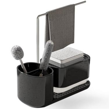 Imagem de Conjunto de dispensador de sabão de cozinha com bandeja e suporte de esponja, dispensador de louça e sabão de mão com suporte de pano de prato 3 em 1 organizador de armazenamento de bancada para pia