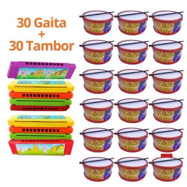 Imagem de Kit 30 Gaita + 30 Tambor Tamborzinho Brinquedo Educacional Festa Infan