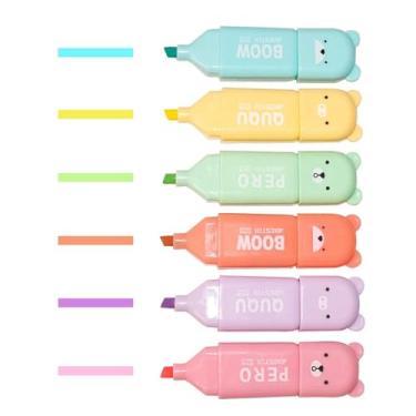 Imagem de Leery Canetas marcadoras fofas com mini urso e cores macaron sortidas com ponta de cinzel para escrever grafite, canetas de desenho para escritório, escrita e escritório escolar (6 peças)