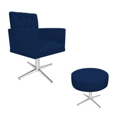 Imagem de kit Poltrona e Puff Nanda Base Giratória de Metal Suede Azul Marinho -