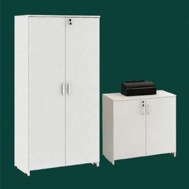 Imagem de Kit Armários para Escritório Alto e Baixo com Chaves Brancos Lilies Mó