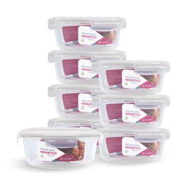 Imagem de Kit 8 Potes Redondo Vidro Hermético Forno Freezer 1300ml - NABOX, Bran