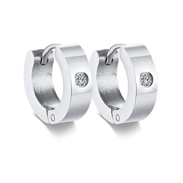 Imagem de Rockyu Brincos masculinos de argola de prata zircônia azul 316L aço inoxidável cirúrgico hipoalergênico unissex brincos grossos, Aço inoxidável, Zircônia cúbica