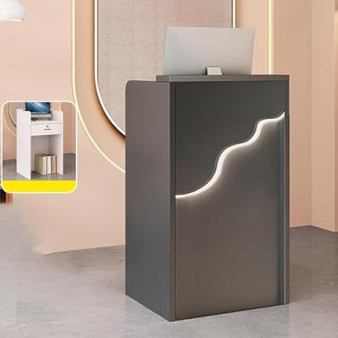 Imagem de Mesa de recepção, balcão de varejo para caixa, mesa de balcão de varejo, mesa de boas-vindas moderna, com luzes e gavetas com trava, para salão, recepção, escritório, supermercado, cinza escuro,