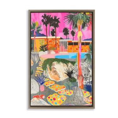 Imagem de Stupell Industries Arte de parede em tela flutuante emoldurada de colagem de villa tropical moderna por Jess Stempel, moldura flutuante marrom, 53 x 78 cm