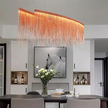 Imagem de Retangular Borla Luz Pendente Moderno Luxuoso Corrente Decorativa Led Lustre Iluminação De Teto Para Sala De Estar Mesa De Jantar Hotel(150cm, 60W,Rose Gold, 3 Colour Light)