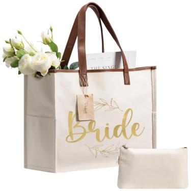 Imagem de Your Perfect Day Bolsa de noiva – Bolsa grande para casamento e lua de mel – com bolso com zíper e estojo de toucador bônus, Dourado, Bride