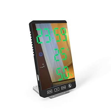 Imagem de SUMOR Despertador com espelho de 15 cm LED despertador com controle de toque, relógio digital de parede, visor de temperatura, umidade, USB, relógio de mesa para quarto, casa, relógio de mesa (preto