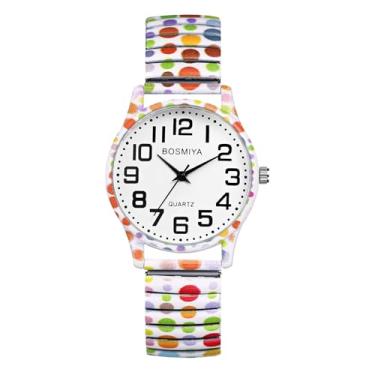 Imagem de OIDEA Relógios femininos com pulseira elástica: relógio com pulseira de quartzo analógico e estampa floral, relógios de pulso femininos casuais, Pontos coloridos b