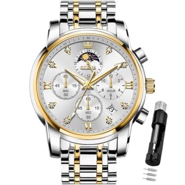 Imagem de OLEVS Relógio de pulso masculino diamante para negócios, analógico, quartzo, aço inoxidável, à prova d'água, luminoso, data, dois tons, luxuoso, casual, Relógios prateados de ouro 3655, relógio
