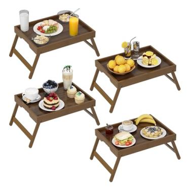 Imagem de Artmalle Bandeja de cama com pernas dobráveis com alças Groove, bandeja de café da manhã para sofá, cama, comer, desenhar, travessas, servir, mesa de colo (marrom médio), pacote com 4