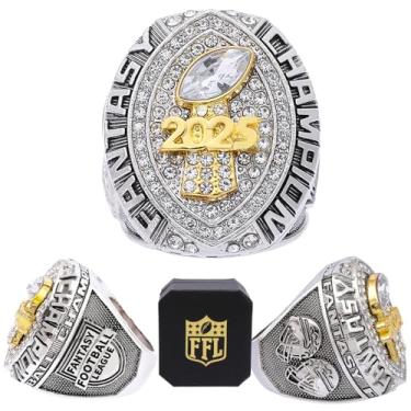 Imagem de noblehead Anel Campeonato de Futebol de Fantasia 2025 com Troféu | Anel Campeão FFL Pesado | Troféu de Prêmio Banhado a Ouro Prateado para Vencedor da Liga de Futebol de Fantasia, size 14 with free