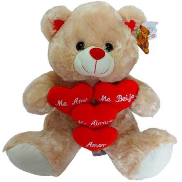 Imagem de Urso de pelúcia 4 corações cor marrom claro 40cm - Fizzy