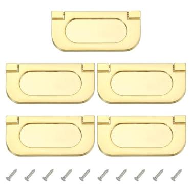 Imagem de PATIKIL Puxador de anel nivelado de 2,9 polegadas (75 mm) 5 peças puxador de gaveta de perfil baixo de liga de zinco com parafusos para armários de móveis cômodas, dourado