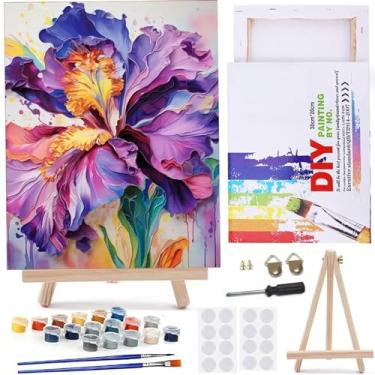 Imagem de MaiMMaledy Kit de pintura por números para adultos iniciantes imagens em tela com desenho emoldurado, pigmento acrílico com cavalete de triângulo de madeira, flores roxas 20 x 30 cm C cm