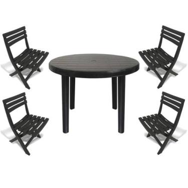 Imagem de Mesa Redonda Plástico Desmontável 94cm Preta + 4 Cadeiras Dobráveis - 