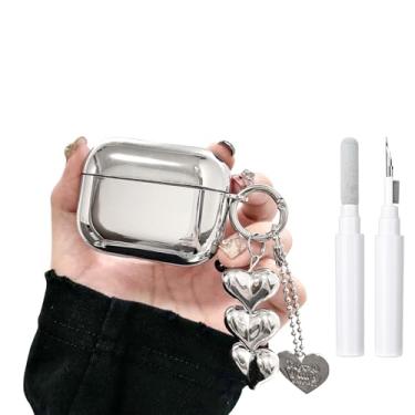 Imagem de inewateri Capa compatível com AirPods 4 TPU macio com kit de limpeza fofa prata pingente de fivela estética design à prova de choque para meninas e mulheres para Airpods 4-Prata
