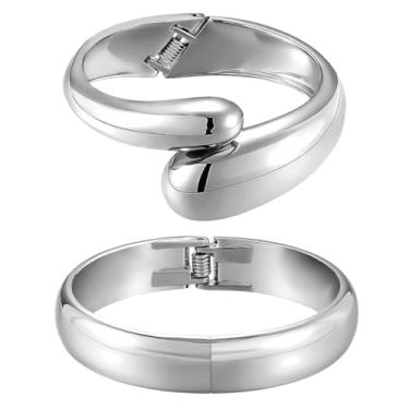 Imagem de Emibele Pulseira de punho, pulseira aberta banhada a ouro 18 K, conjunto de pulseiras grossas articuladas em gota para mulheres, presente de joias não manchadas, pacote com 2, Metal, Sem Pedra