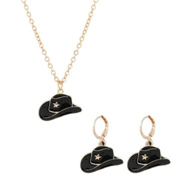 Imagem de Dreuyet Conjunto de brincos e colar de botas de vaqueira para mulheres e meninas delicados moda ocidental botas de cowboy colar de corrente banhado a ouro 14K chapéu de cowboy colar pingente colar estilo ocidental joias presente, Metal, Sem Pedra Preciosa