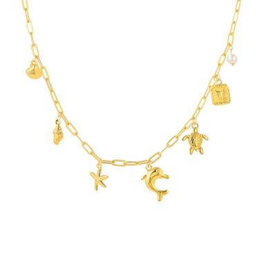 Imagem de Colar feminino com pingente de ouro 18 K, tartaruga marinha, estrela-do-mar, colar gargantilha de pérola branca, boêmio, golfinho, joia de praia de verão para mulheres, presente, 45CM, Ouro, Sem Pedra