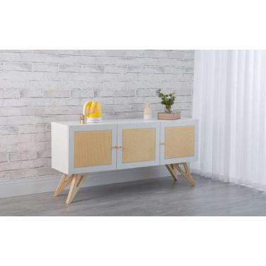 Imagem de Balcão Buffet Para Sala De Jantar Mdf Branco Pés Taeda 3 Portas De Pal