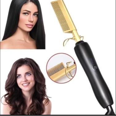 Imagem de Pente Alisador Elétrico Profissional com Controle de Temperatura, Titanium, Cabo Giratório 360°, Preto e Dourado