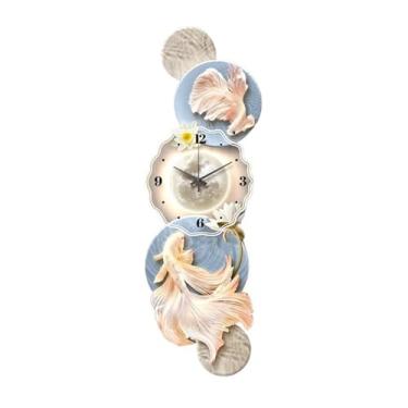 Imagem de Pintura decorativa com relógio Grande relógio de parede decoração com lâmpada ajustável e controle remoto para sala de estar, grande arte de parede relógios pendurados lua peixe lâmpada de parede escu