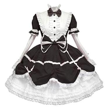 Imagem de Vestidos góticos vintage para mulheres patchwork laço lolita vestido cosplay festa medieval 2GG preto e branco