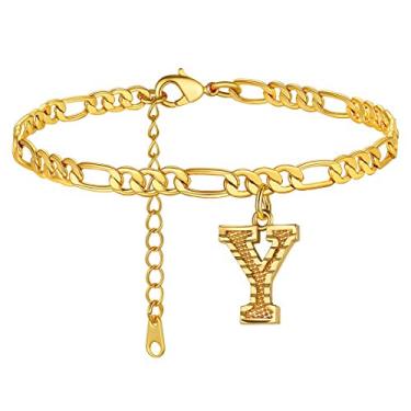 Imagem de Tornozeleiras GoldChic Jewelry com iniciais, personalizadas à prova d'água 4,5 mm de largura redimensionáveis 18K banhado a ouro corrente Figaro inicial letra tornozelo pulseiras para mulheres meninas joias de verão, 22-27 cm de comprimento