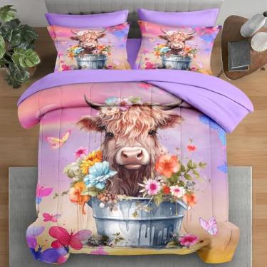 Imagem de Pamnest Jogo de cama Queen com estampa de borboleta colorida e flor roxa de vaca Highland com 7 peças, lençol com elástico, 2 fronhas e 2 fronhas para decoração de quarto
