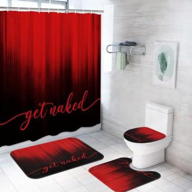 Imagem de ArtSocket Conjunto de cortina de chuveiro simples, moderno, ombré, vermelho e preto, 4 peças, decoração de banheiro com tapetes, tapete antiderrapante, tampa de vaso sanitário, tapete de banho e 12