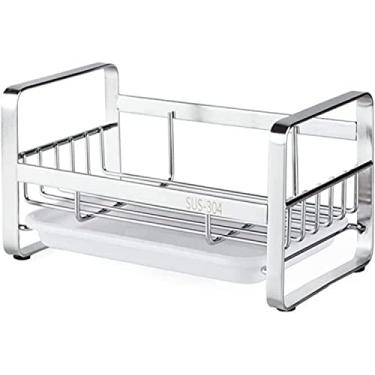 Imagem de LIFOND Organizador de esponja para pia de cozinha, suporte de esponja para lavar louça, organizador de pia de cozinha, escorredor, suporte de sabão com bandeja removível, rack de drenagem de aço